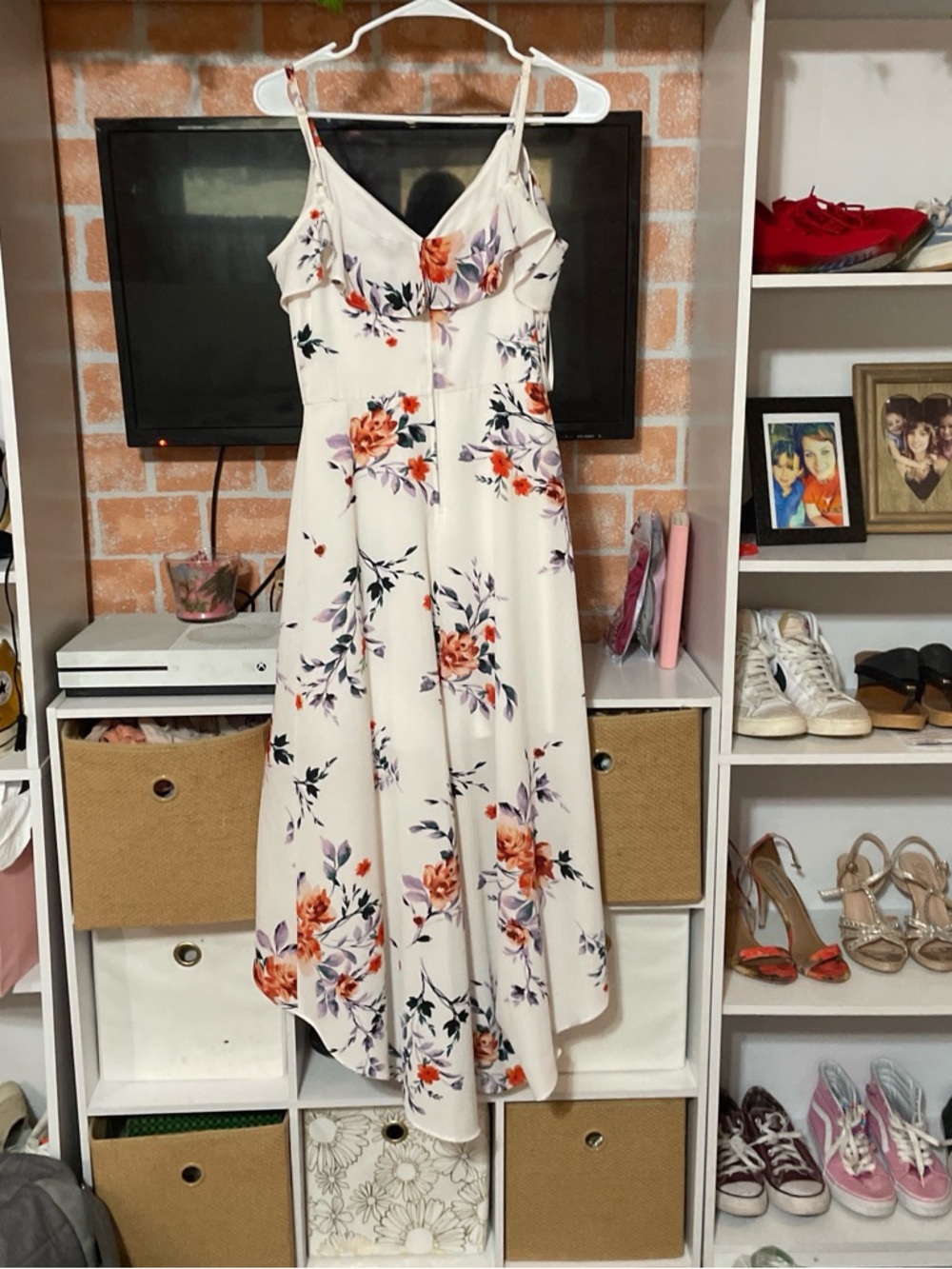 A. Byer White Floral High-Low Maxi Dress with Orange and Purple Blooms